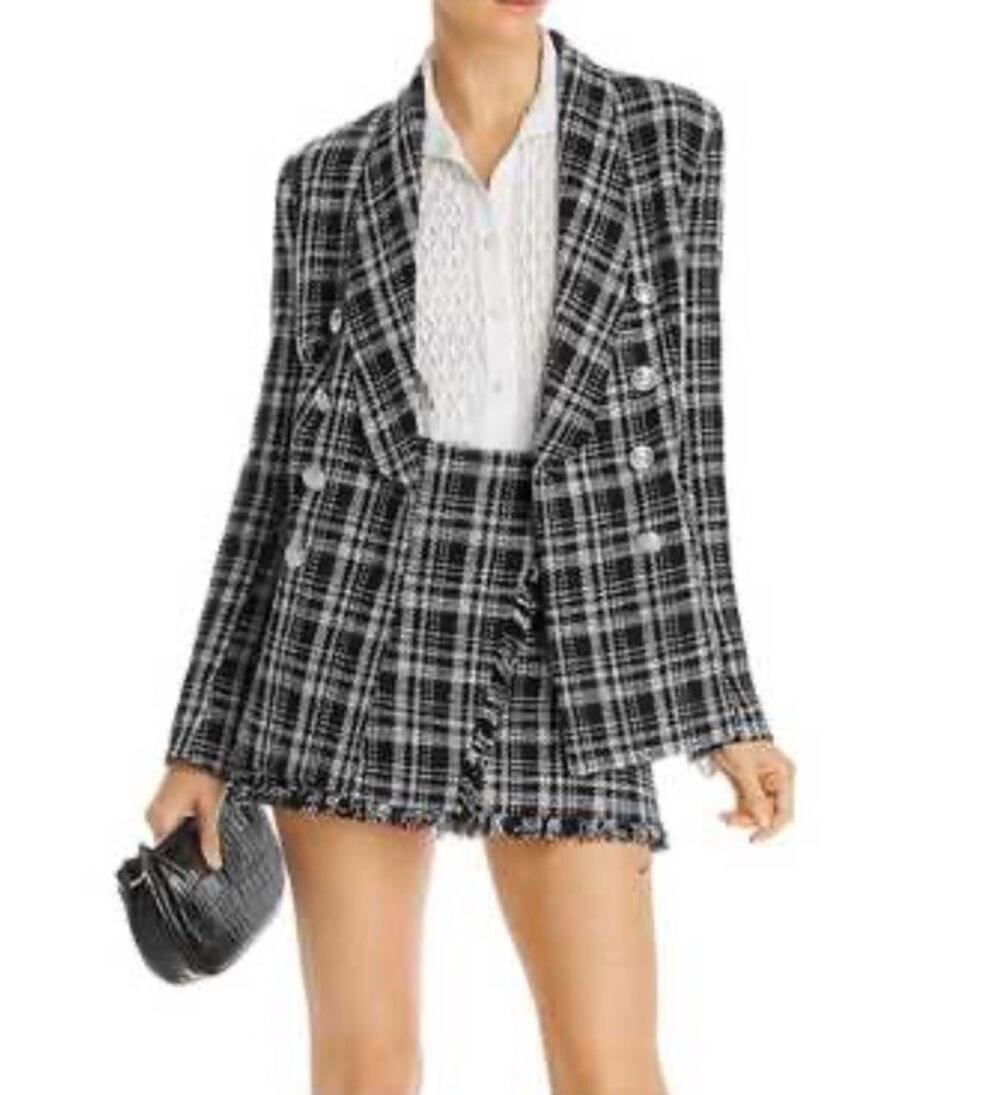 AQUA Black White Tweed Double Breasted Blazer Jacket Gold Buttons M